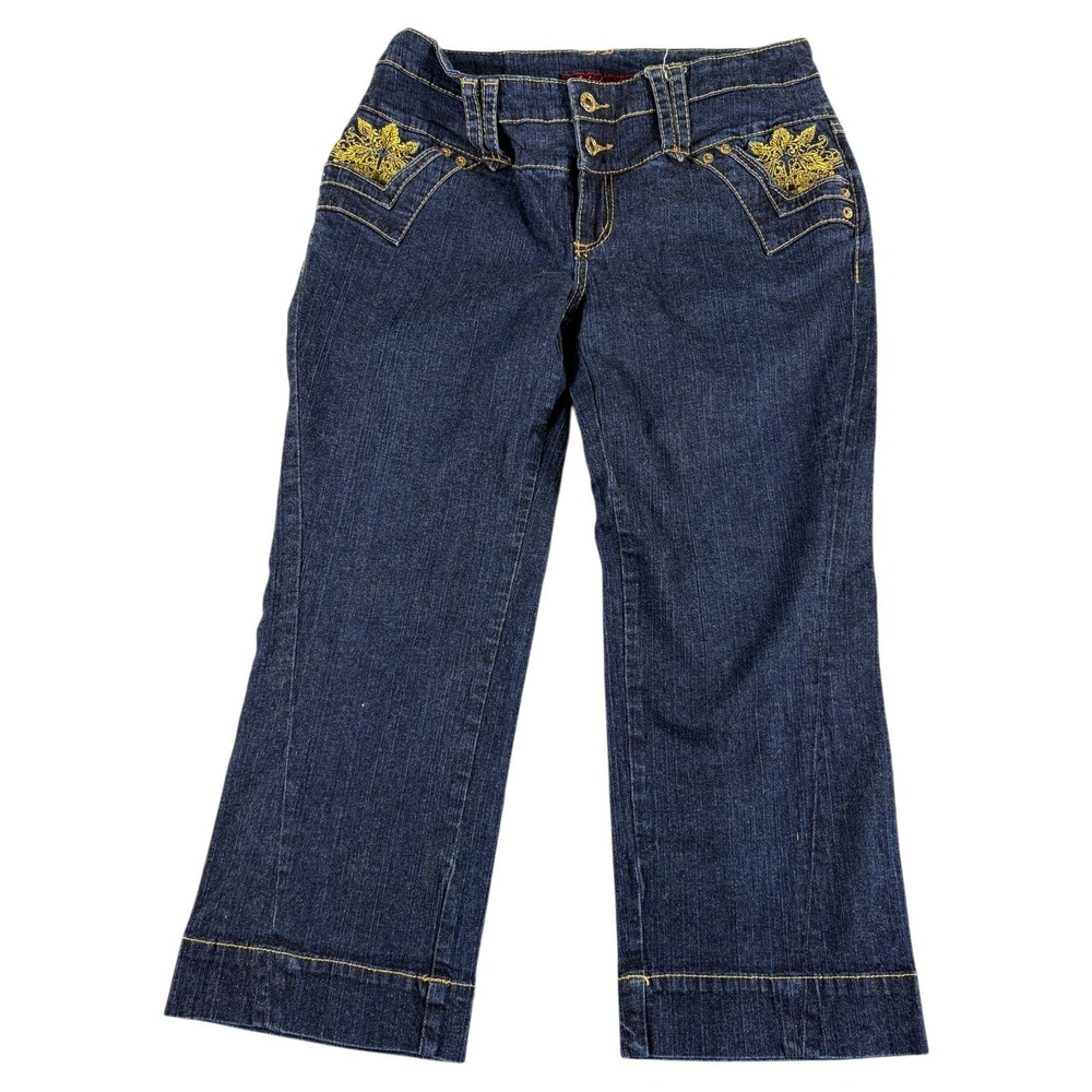 Baby Phat Capri Jeans Women 11 Blue Denim Dark Wash Y2K Gold Embroidered Stretch